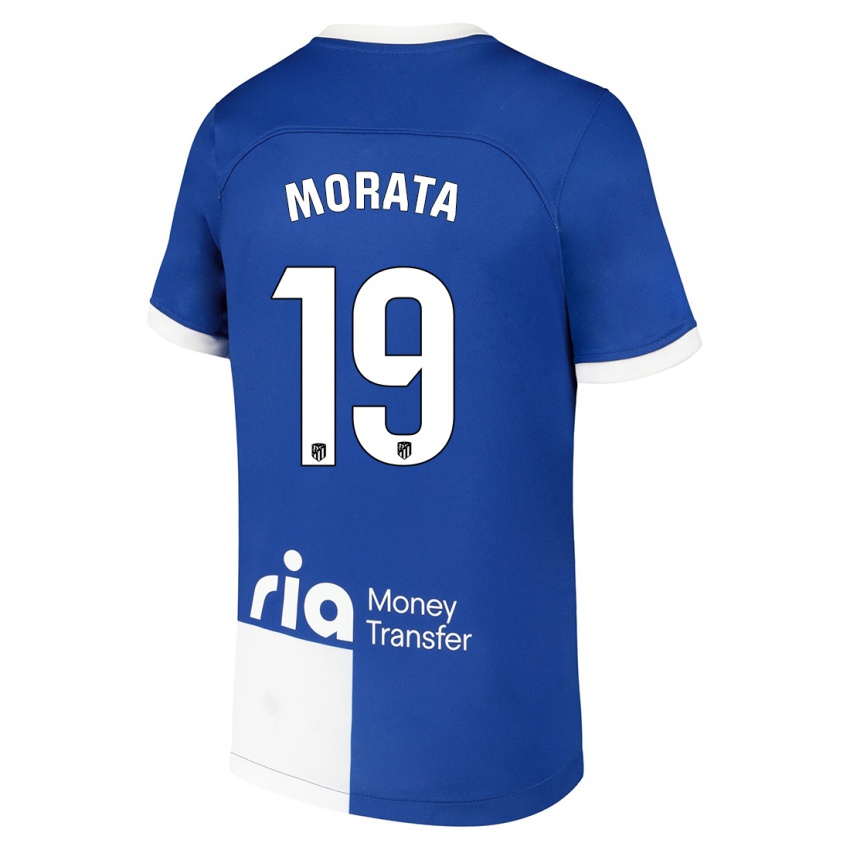 Lapset Alvaro Morata #19 Sinivalkoinen Vieraspaita 2023/24 Lyhythihainen Paita T-Paita